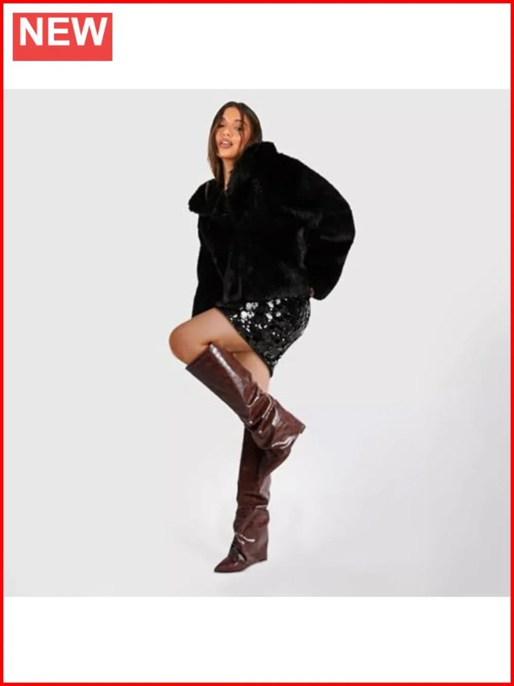 Croc Embossed Wide Calf Knee High Boots 10cm Chunky Block Heel Slip On